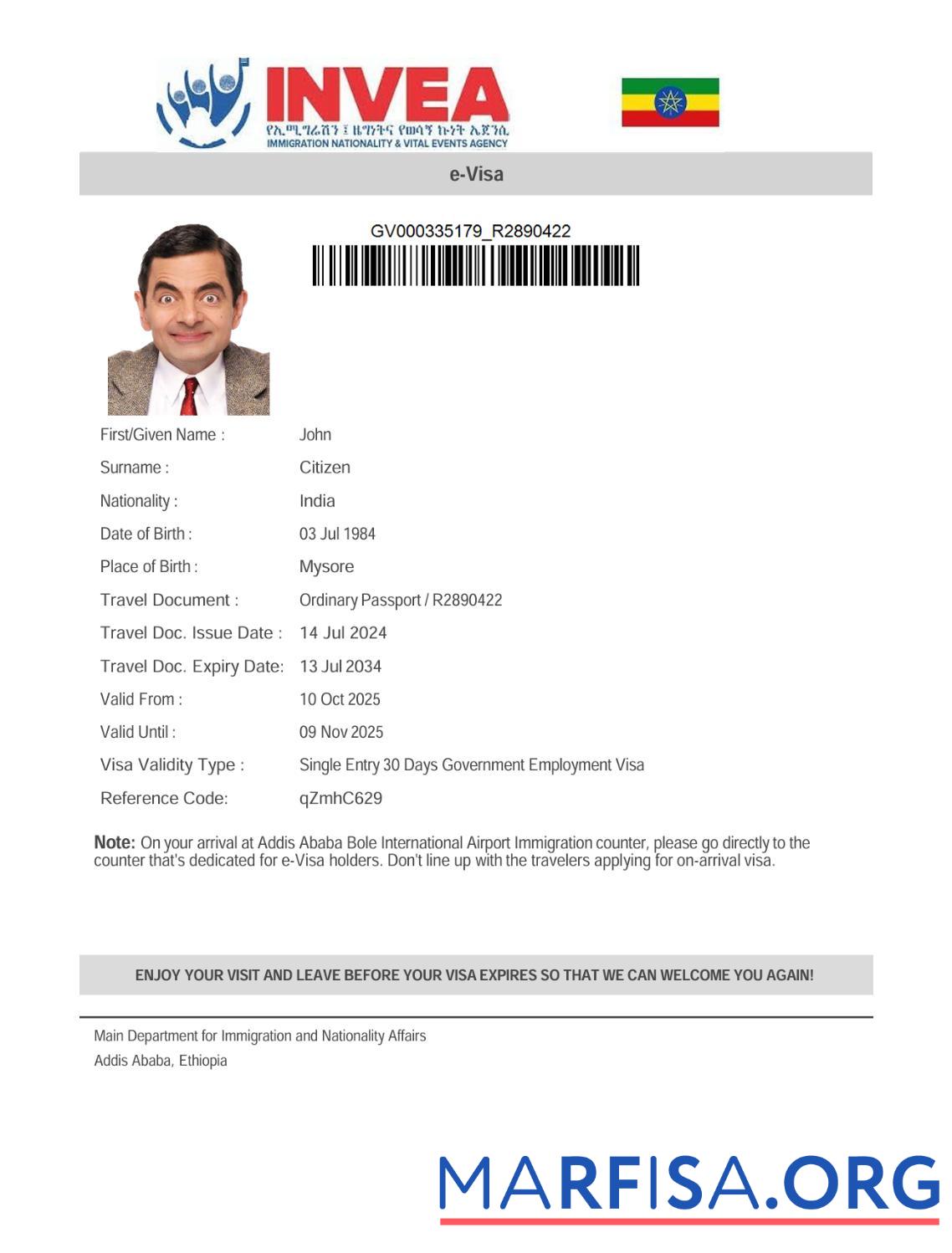 Realistic Ethiopia e visa template in Word and Pdf formats